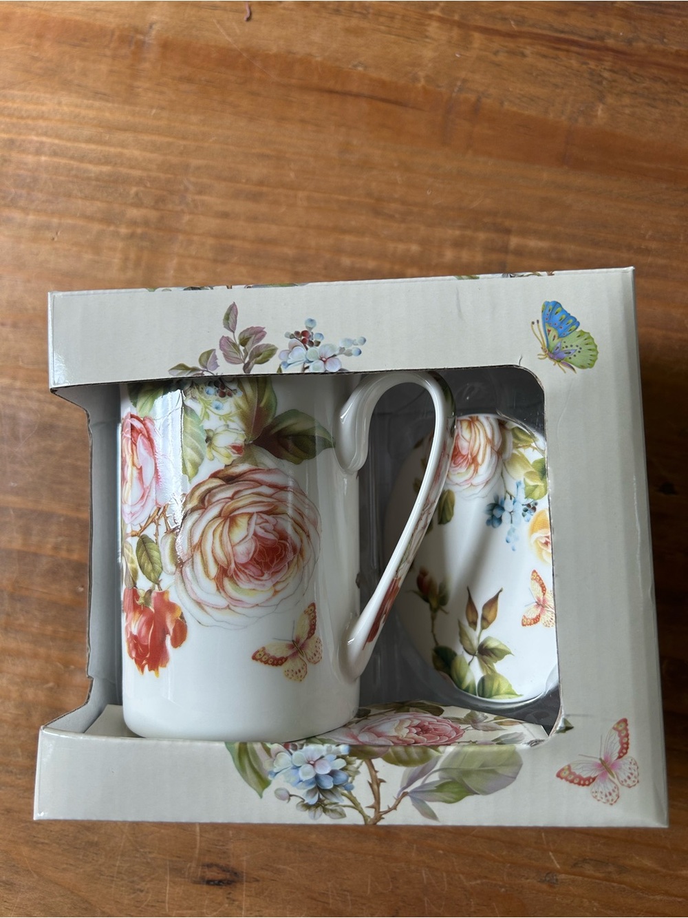 Porcelain Floral Coffee Mug Set - White with Pink Rose Motif